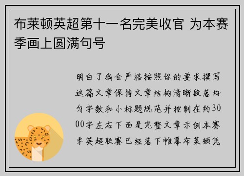 布莱顿英超第十一名完美收官 为本赛季画上圆满句号